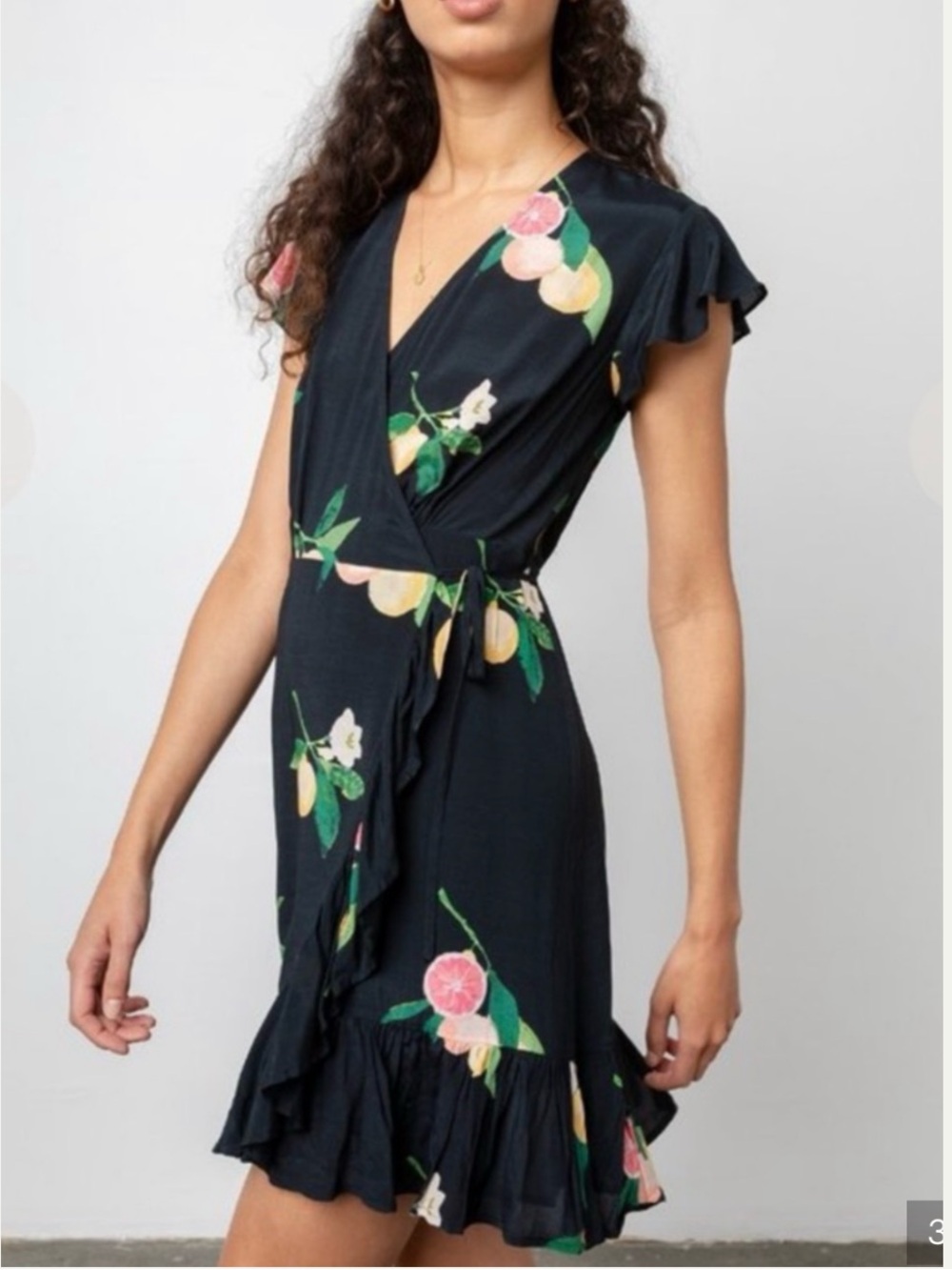 Rails Koreen Wrap Mini Dress Black Lemon/Grapefruit Print Size Medium